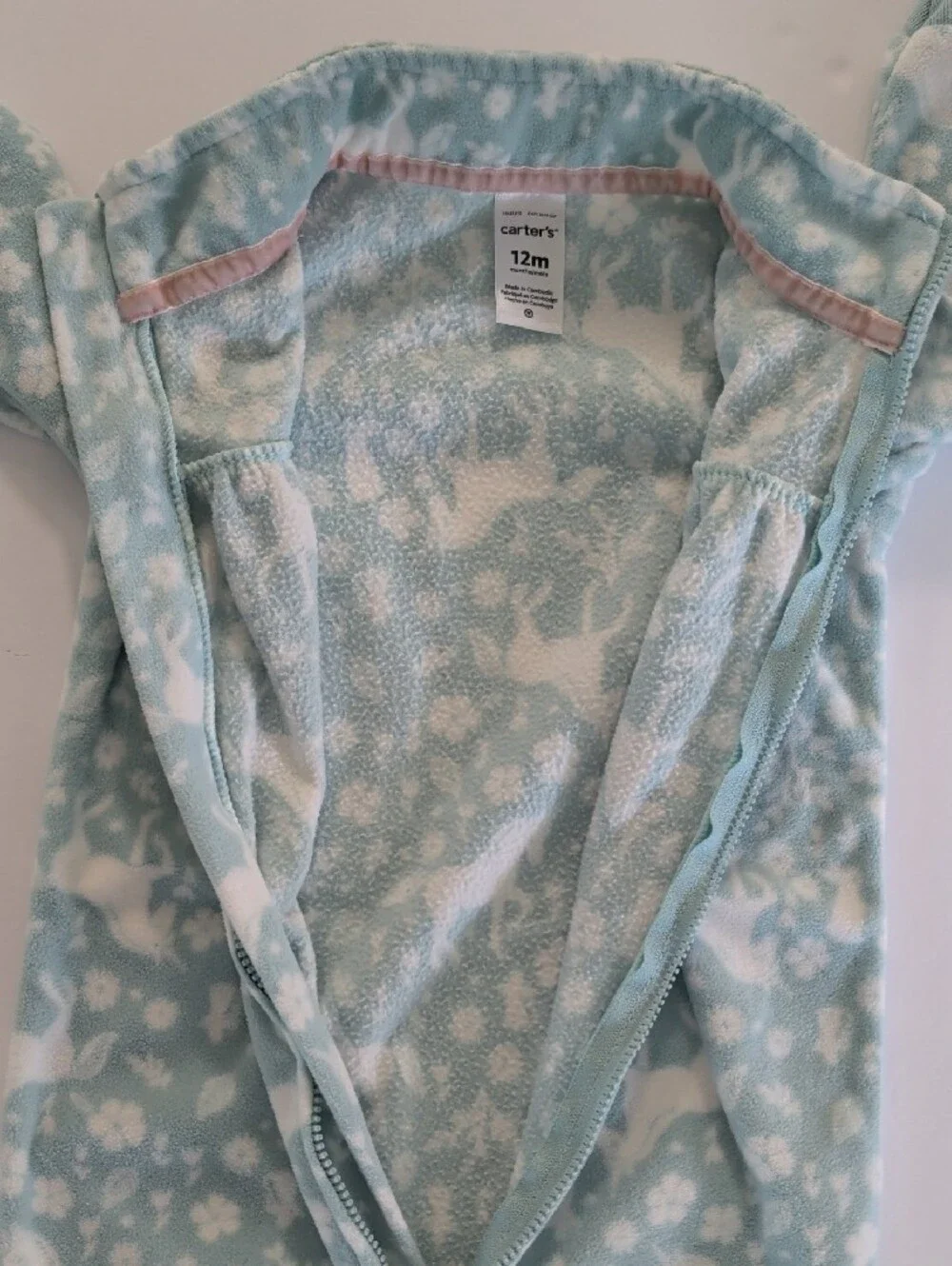 Carter's Fleece One-Piece Romper in Light Blue with White Unicorn Print